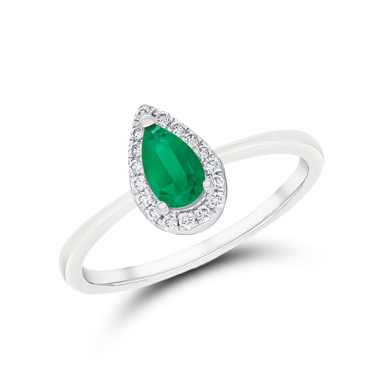 18ct White Gold 0.59ct Pear Cut Emerald & Diamond Halo Ring - Banks Lyon
